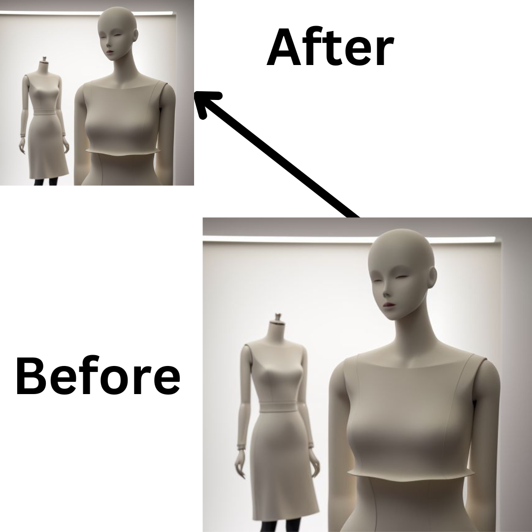 Before and after photo retouching of a mannequin, showcasing the effects of image resizing and editing techniques.