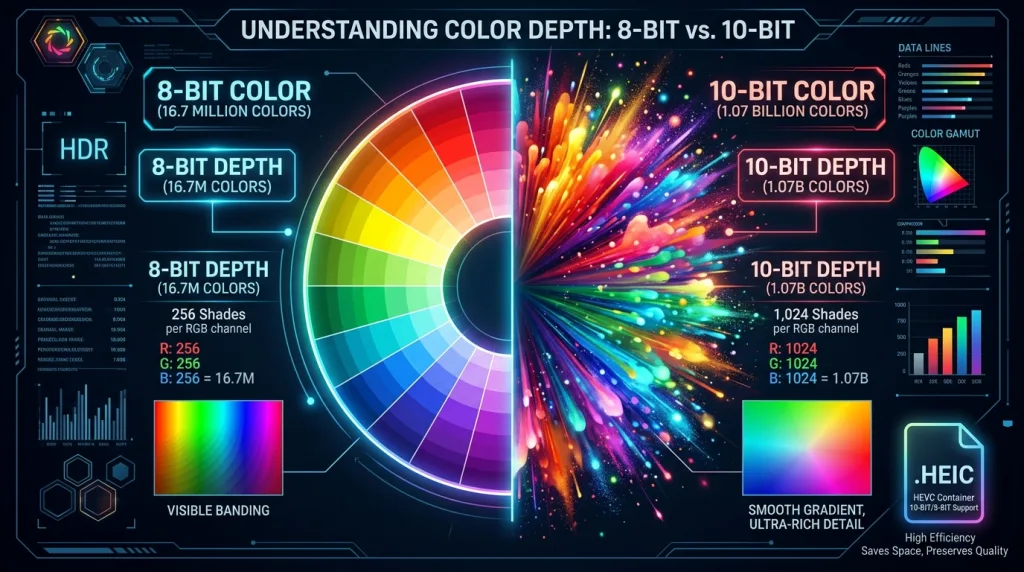 10-bit HEIF color depth expanding into over a billion colors compared to 8-bit JPEG