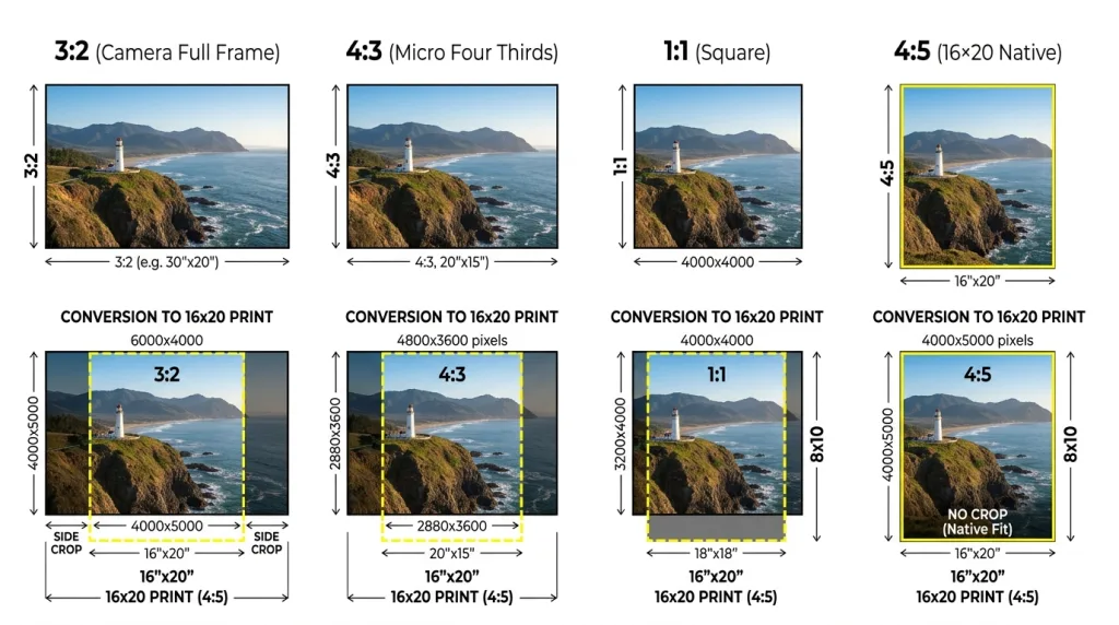 Diagram comparing 3:2, 4:3, 1:1, and 4:5 aspect ratios for 16×20 photo printing.