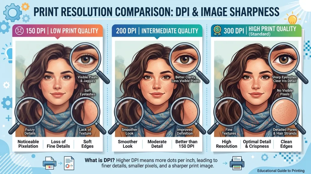 Comparison of 150 DPI, 200 DPI, and 300 DPI quality for a 16×20 photo print.