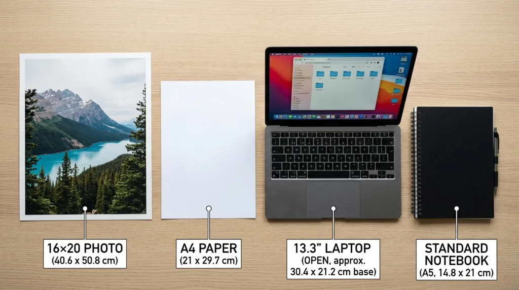 Comparison of a 16×20 photo beside an A4 paper, laptop, and notebook to visualize its actual size.