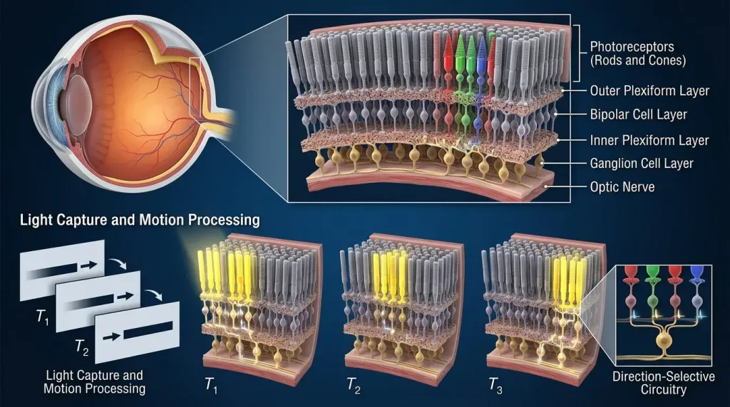 3D medical render showing how rods and cones in the human retina process light and continuous visual motion.
