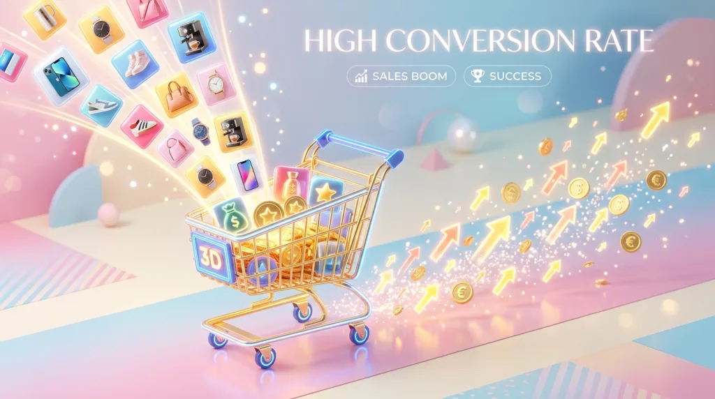 3D shopping cart showing high ecommerce conversion rates driven by high-quality product photography.
