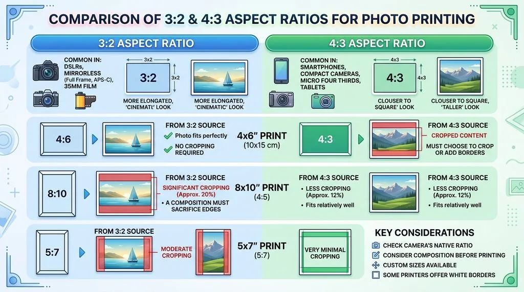 Comparison diagram of 3:2 and 4:3 aspect ratios for photo printing.