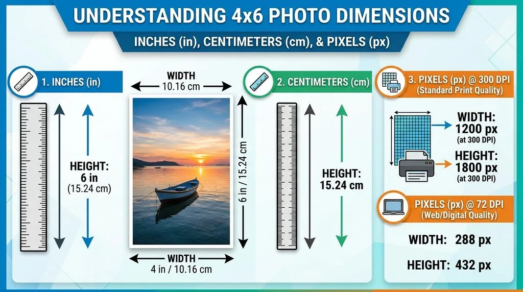 Infographic showing 4x6 photo dimensions in inches, centimeters, and pixels.