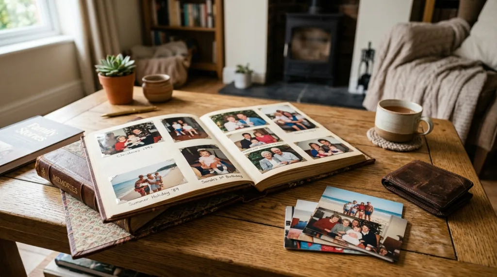 4x6 photo prints placed in a family photo album and a leather wallet for casual keeping