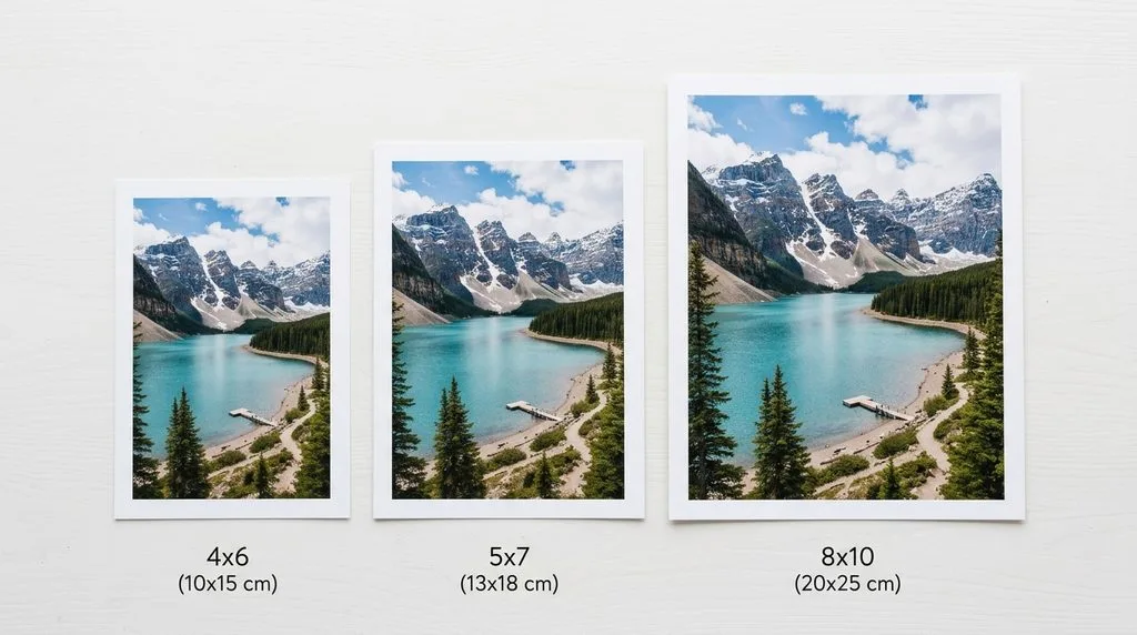 Size comparison of 4x6, 5x7, and 8x10 printed photos on a white surface.