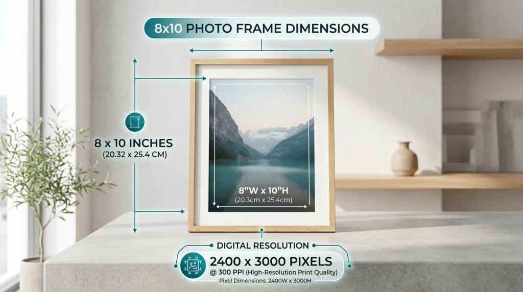 8x10 photo size dimensions infographic showing inches, centimeters, and pixel resolution