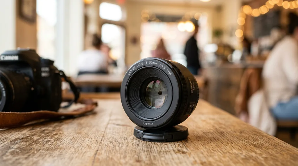 A 50mm f1.8 prime lens on a table showing shallow depth of field blurry background bokeh