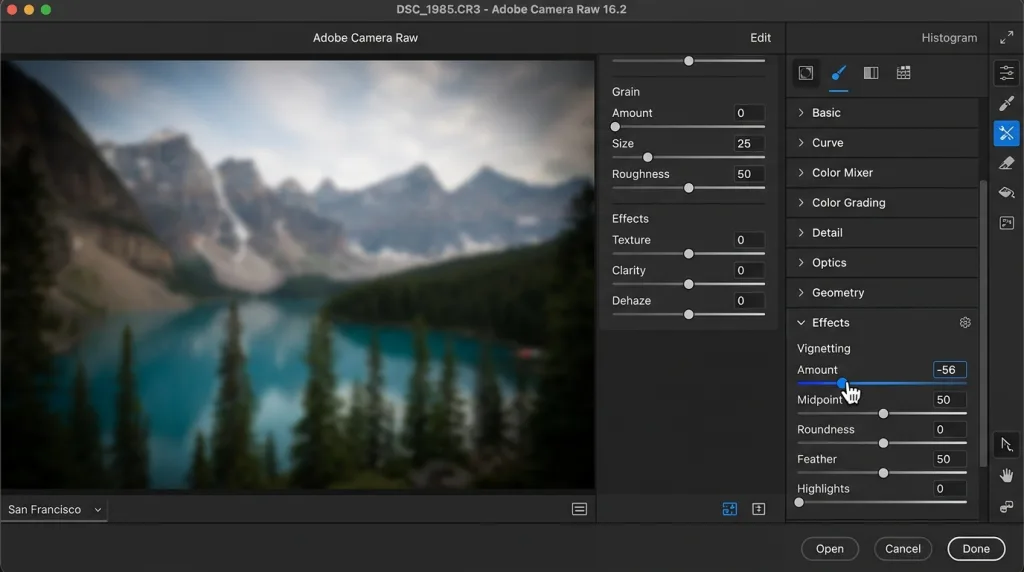 A close-up screenshot of the Effects Panel inside the Photoshop Camera Raw Filter, specifically focusing on the Vignetting slider being adjusted.