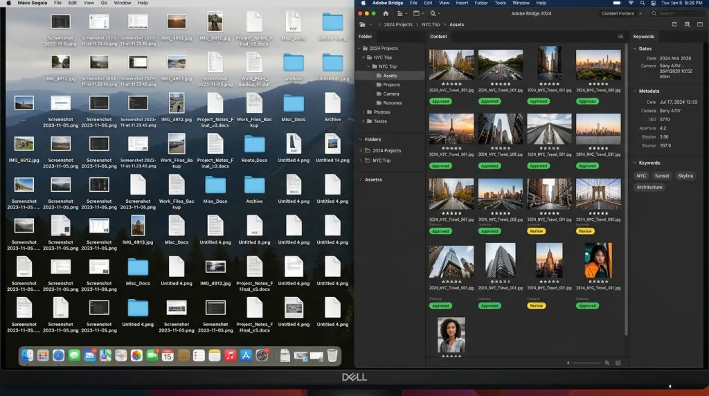 A comparison showing an organized Adobe Bridge workspace for managing Photoshop image files and metadata.