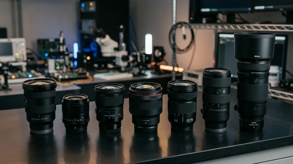 A diverse lineup of premium mirrorless camera lenses representing a camera lens ecosystem