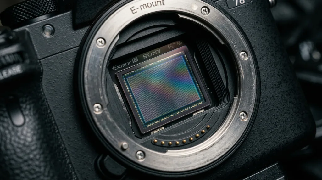 A dramatic, close-up macro shot of a full-frame digital camera sensor exposed behind the lens mount, catching a slight iridescent light reflection.