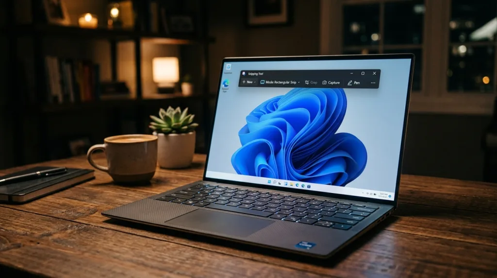 A modern laptop running Windows 11 showing the Snipping Tool interface on screen