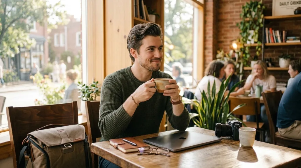 A relaxed wedding photographer enjoying free time and coffee after outsourcing photo editing tasks.