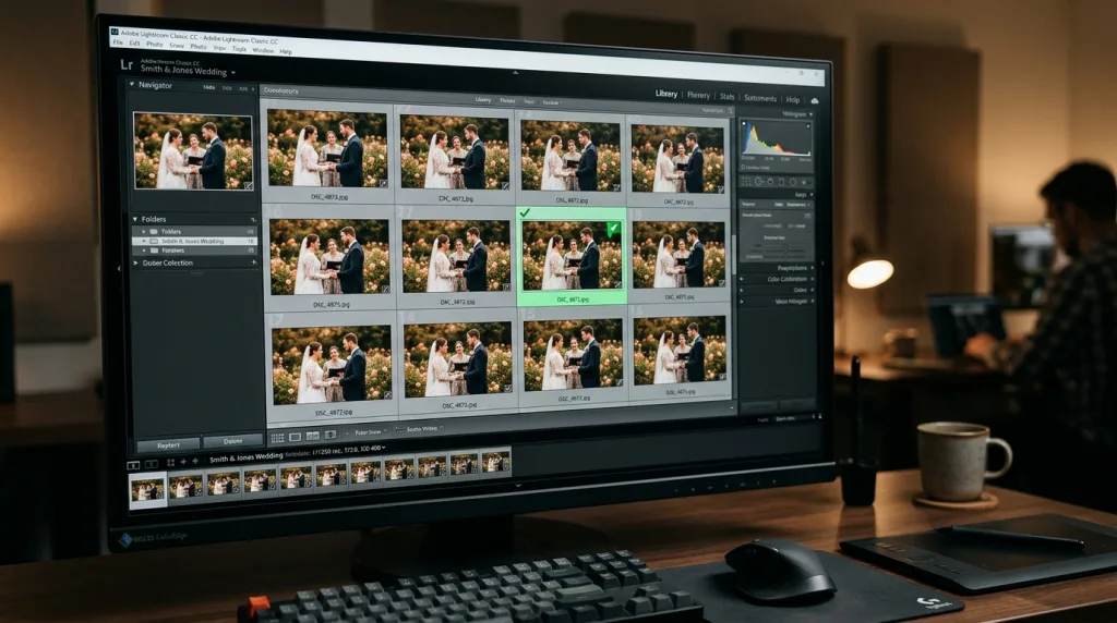 AI and manual photo culling process in Lightroom showing a grid of wedding pictures.