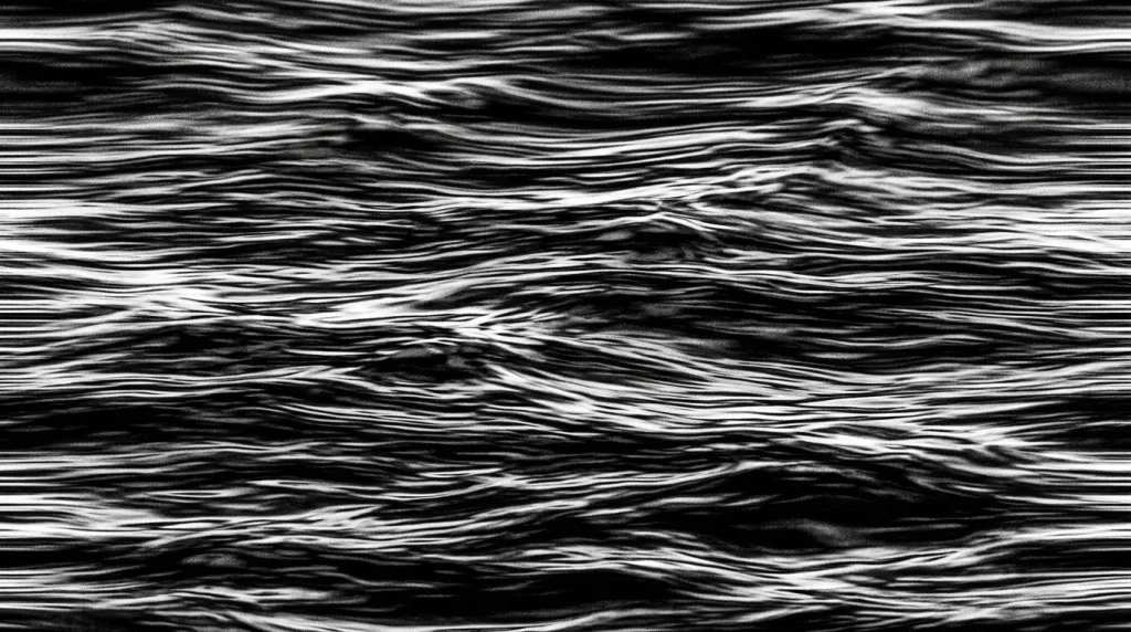 Abstract black and white horizontal motion blur texture, resembling realistic water ripples and waves. High contrast, digital art style, used as a displacement map for 3D or Photoshop rendering.