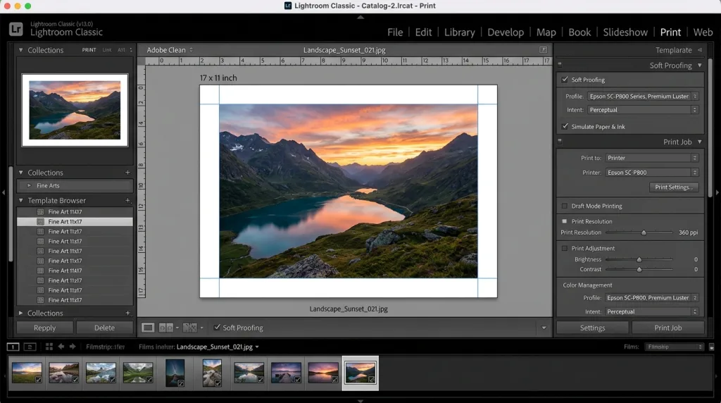 Adobe Lightroom Classic Print module interface showing soft proofing and ICC profile settings for photo printing.