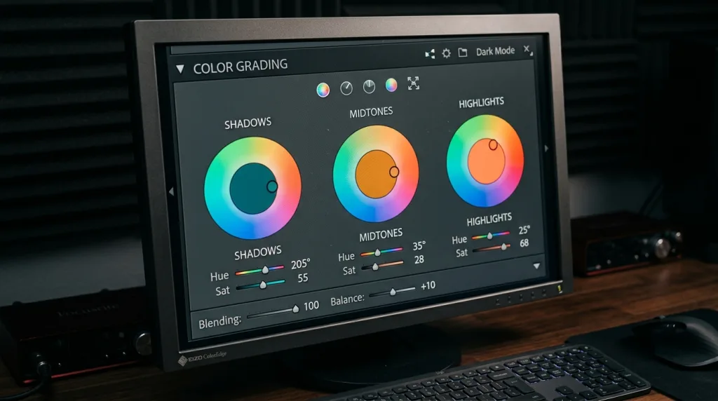 Adobe Lightroom color grading wheels interface showing shadow midtone and highlight controls