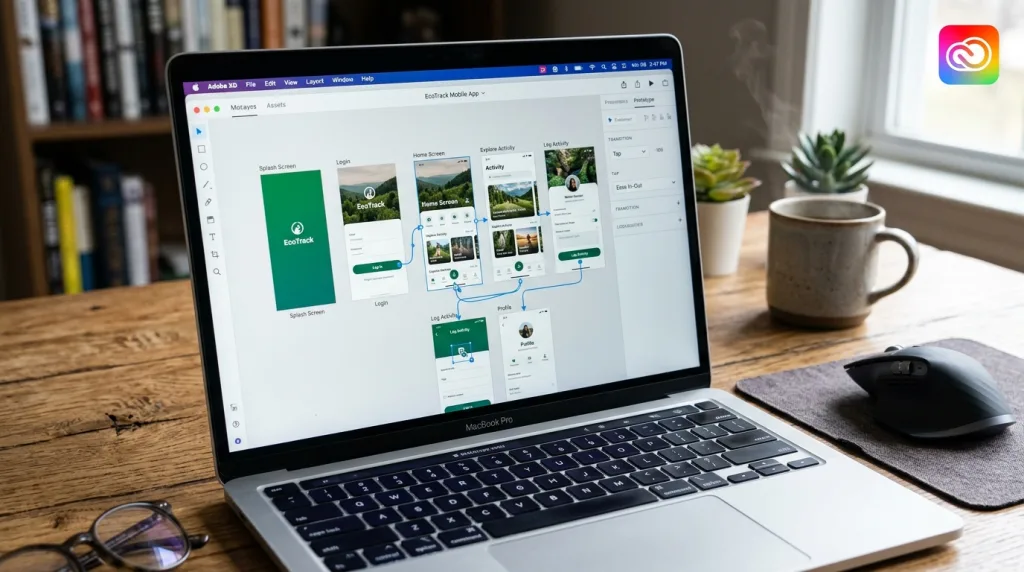 Adobe XD interface prototyping interactive user flows within Creative Cloud.