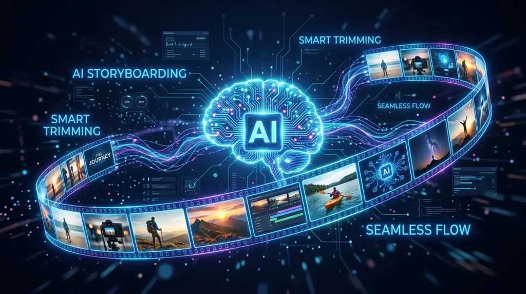 Advanced AI features in 2026 slideshow makers including auto-storyboarding and smart video trimming.