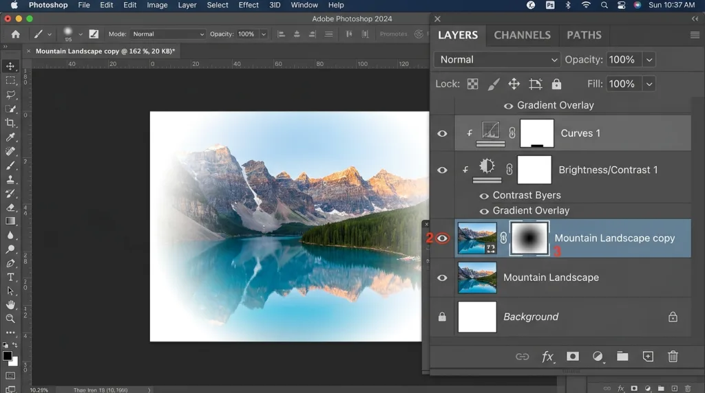 Applying Gaussian blur filter with radial gradient layer mask in Photoshop