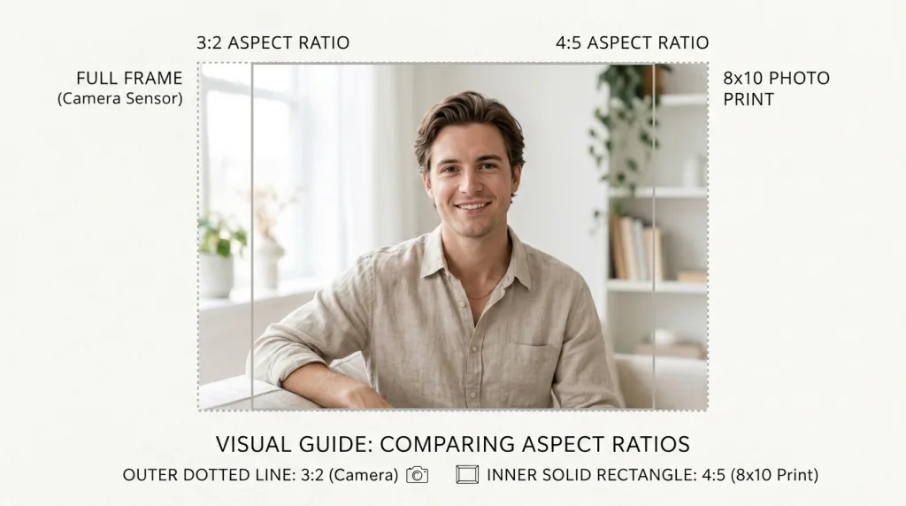 Aspect ratio comparison diagram showing how a 32 camera image crops into an 8x10 45 print