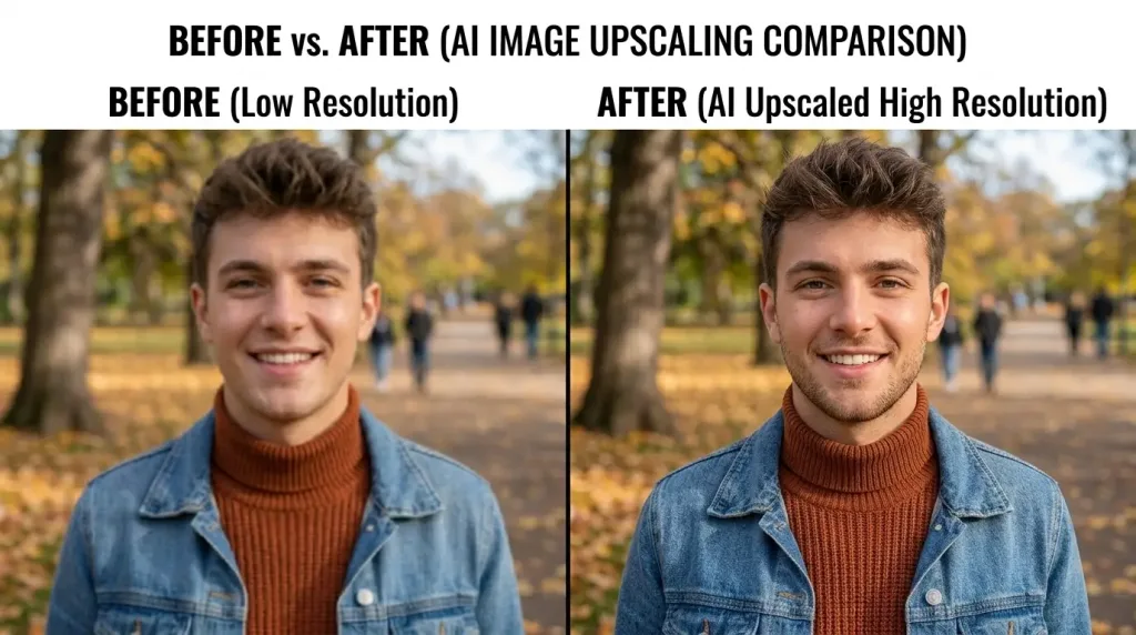 Before and after comparison of AI upscaled images in Photoshop
