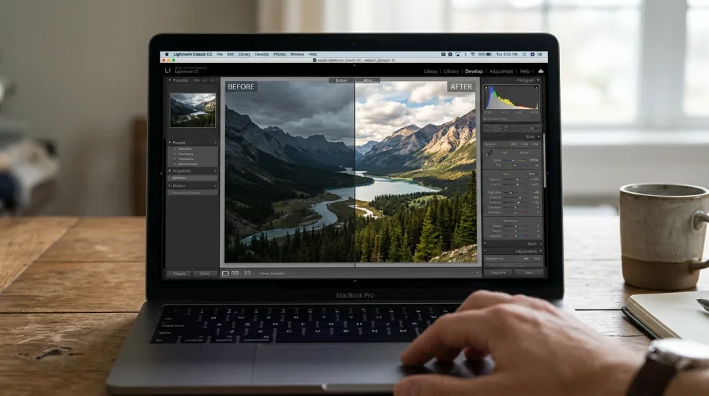 Before and after photo editing workflow on a laptop screen showing exposure and color balance adjustments.