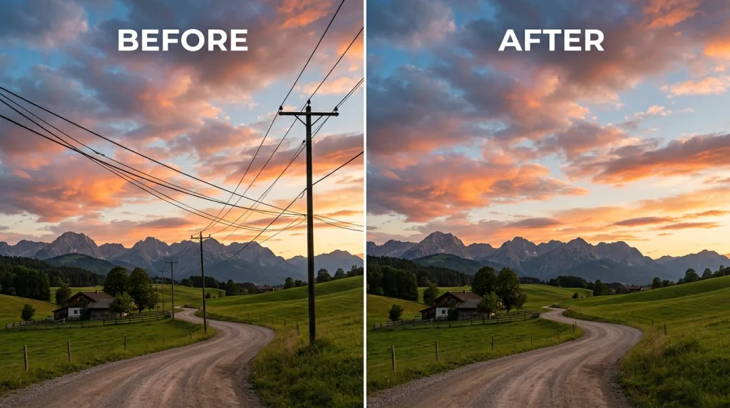 Before and after photo retouching showing powerline removal using Photoshop Clone Stamp.