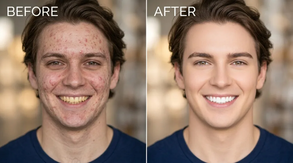 Before and after portrait photo retouching comparison using online basic editing tools.