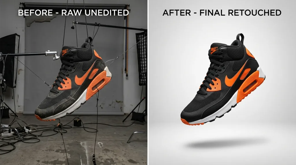 Before and after retouching of a commercial product photograph showing background removal and color correction.