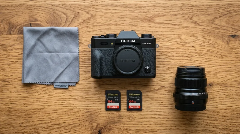 Beginner photography gear starter kit including a mirrorless camera, prime lens, and memory cards.