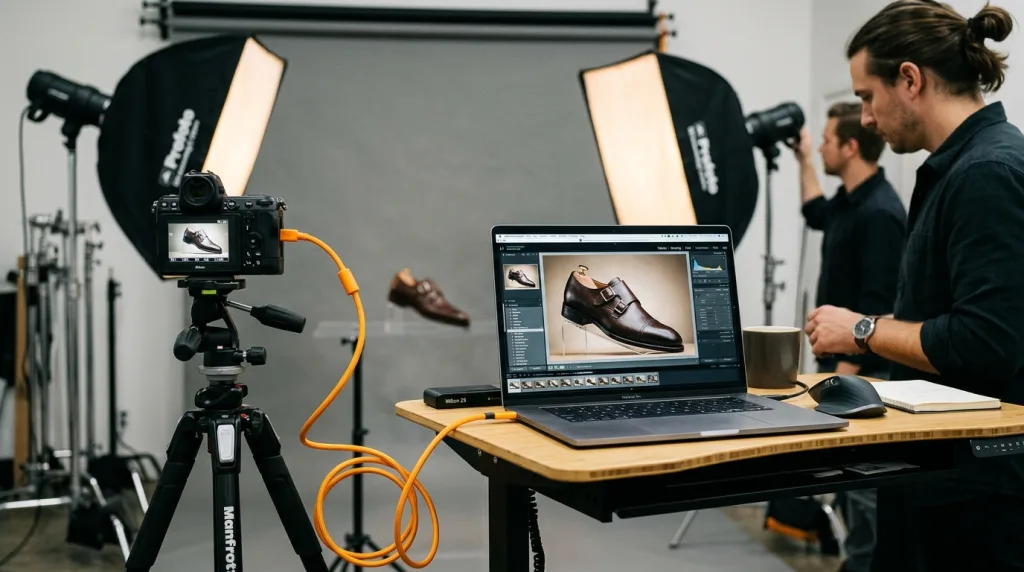 Behind the scenes of a tethered Nikon product photography workflow using a laptop and studio lighting.