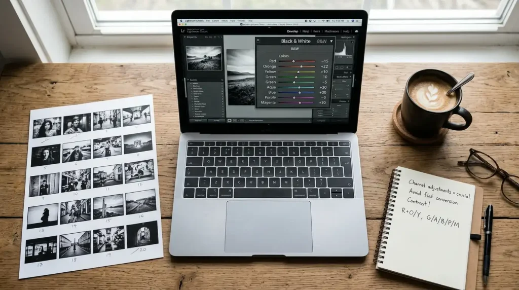 Black and white photo editing workspace