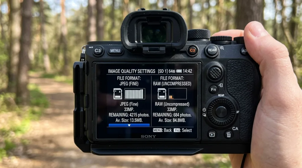 Camera LCD screen showing RAW vs JPEG settings for SD card photo capacity.