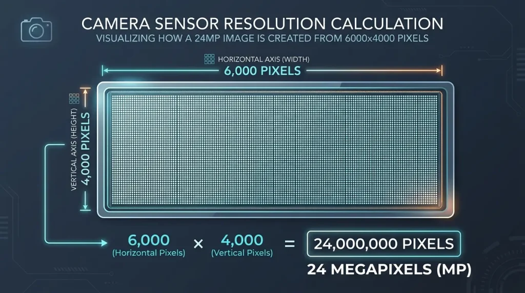 Camera sensor pixel grid graphic explaining 24 megapixel calculation