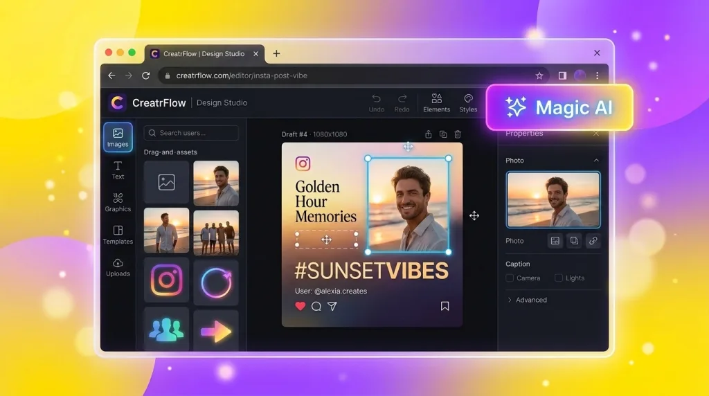 Canva graphic design interface showing AI features and Instagram post templates for beginners.