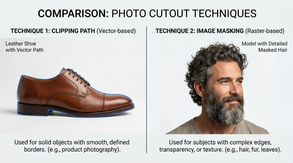 Clipping path vs image masking technique illustration for product and hair background removal.