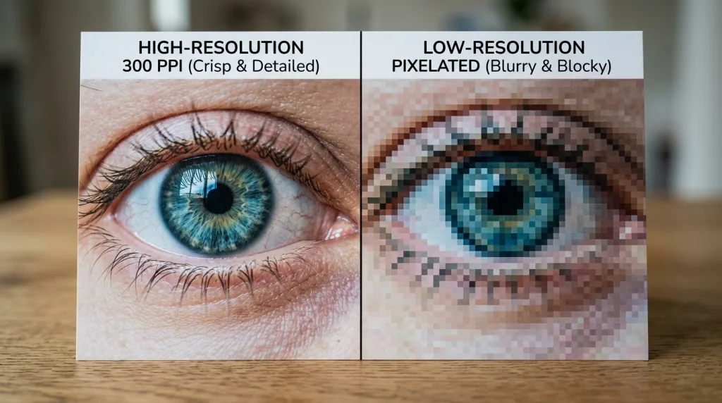 Close-up comparison of high resolution 300 PPI print quality versus a low resolution pixelated image.
