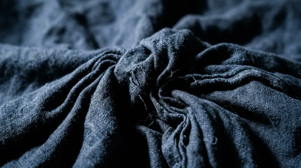Close-up macro photography showing how harsh side lighting exaggerates deep fabric creases and shadows on clothing.