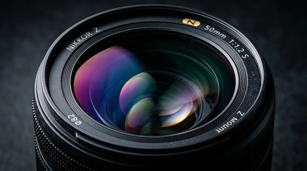 Close-up of a Nikon NIKKOR Z-mount lens showing high-quality optical glass and Nano Crystal Coating.