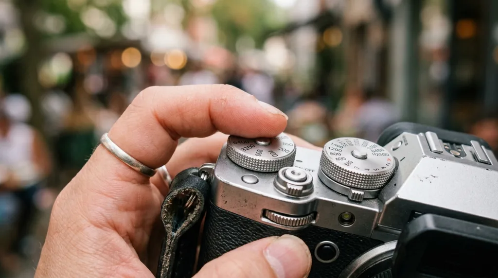 Close up of a photographer adjusting the manual ISO dial on a modern mirrorless camera