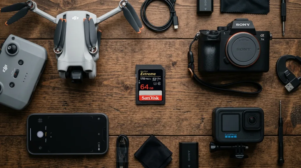 Collection of camera devices including smartphones, dslrs, and drones using 64GB SD cards.