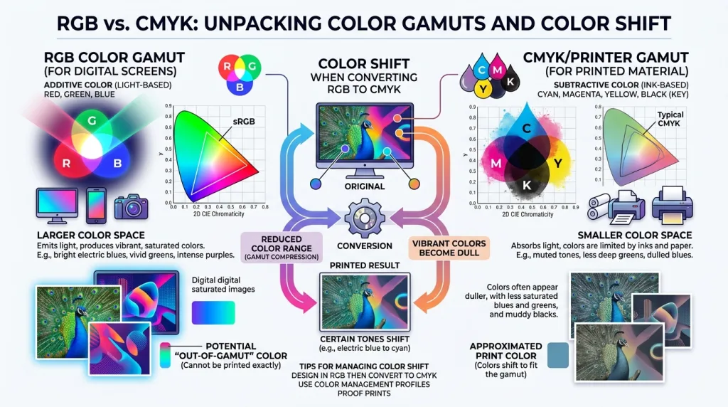Color gamut comparison chart showing why editing in sRGB or Adobe RGB matters for professional photo printing.