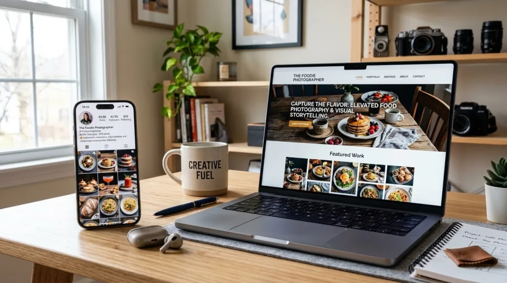 Commercial photographer marketing tools including a professional Instagram grid and portfolio website.