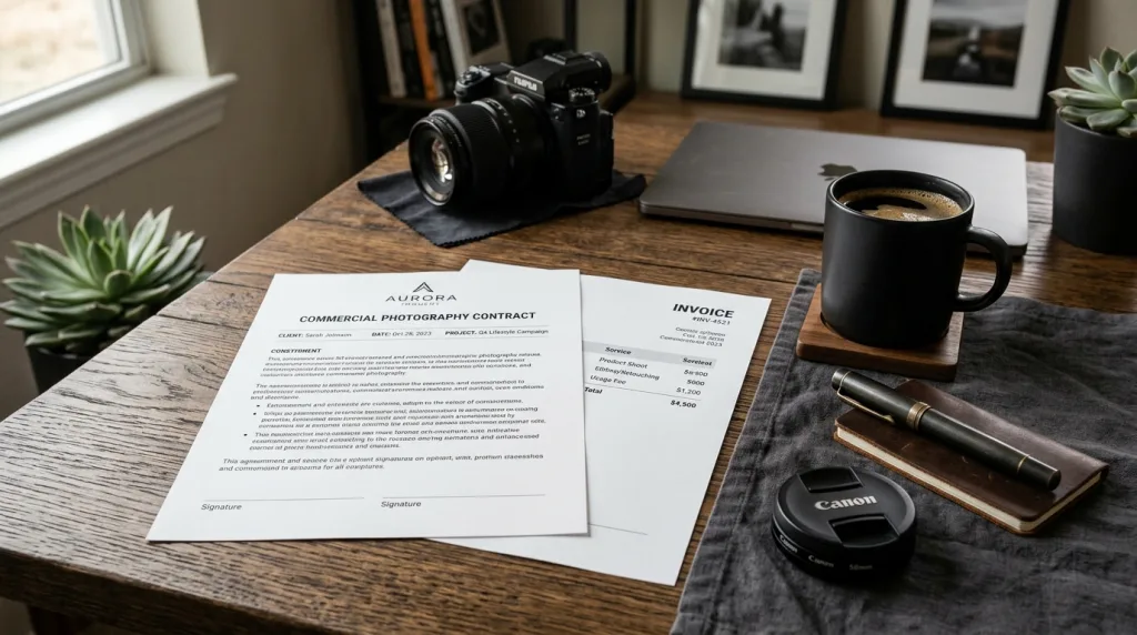 Commercial photography contract and invoice illustrating the three-layer pricing model for photographers.