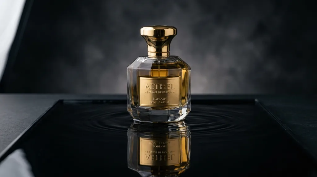 Commercial studio photography of a luxury perfume bottle sitting on a sleek, dark liquid surface. The water surface shows a perfect, slightly rippled reflection of the bottle. Moody studio lighting, highly detailed, 8k, professional e-commerce product shot.