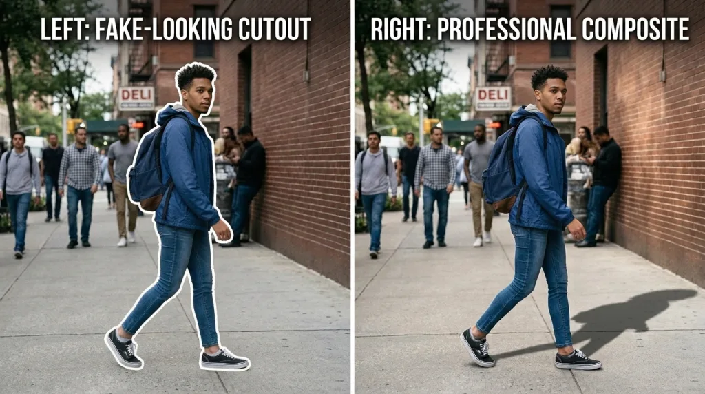 Comparing an unedited composite with a realistic Photoshop edit using shadows and color matching