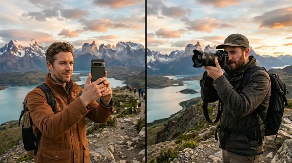 Comparing smartphone HEIC storage capacity versus mirrorless camera RAW photo capacity on a 256GB SD card.